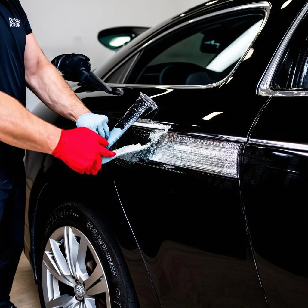 Close-up of a car detailer applying wax to a car