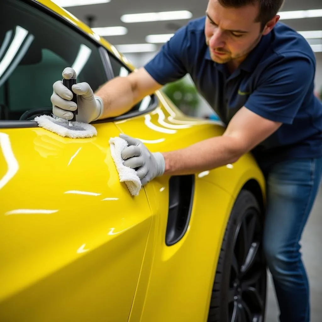 Close-Up of Car Detailing on Yellow Paint