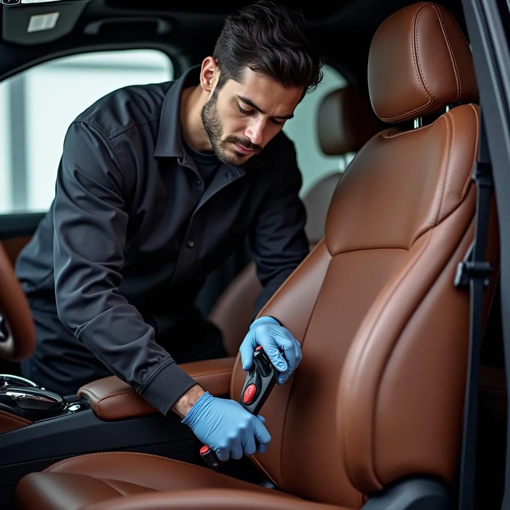 Car detailing expert inspecting leather seats