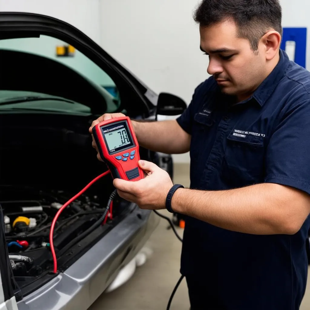 Mechanic using diagnostic tool