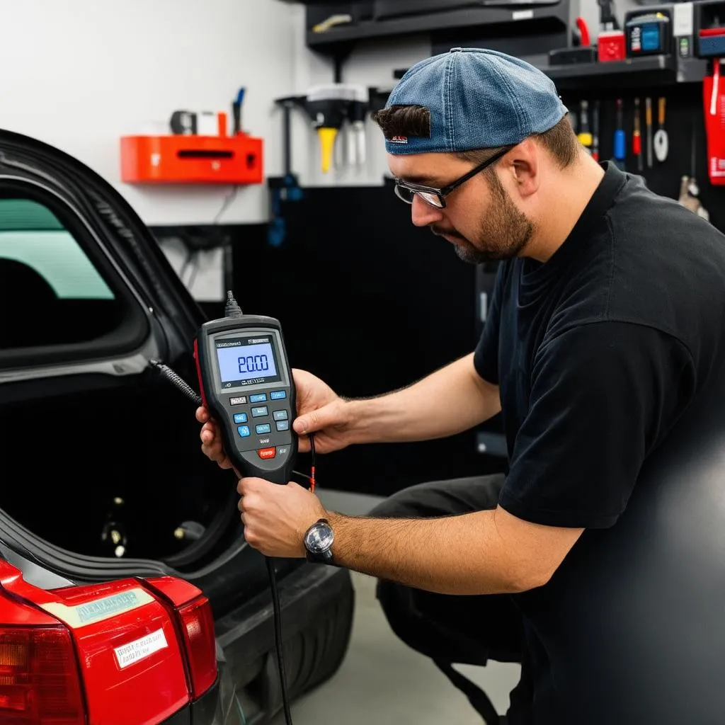 mechanic using diagnostic scanner on car