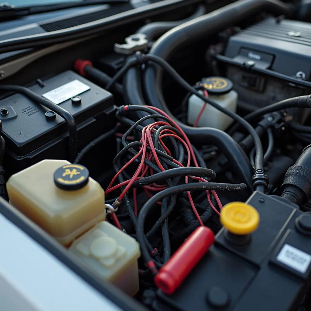 Car Engine Bay with Wires Visible