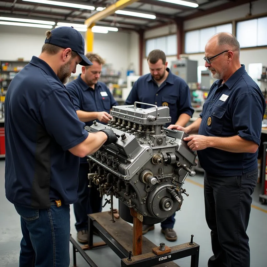 Mechanics working on a car engine conversion in a workshop