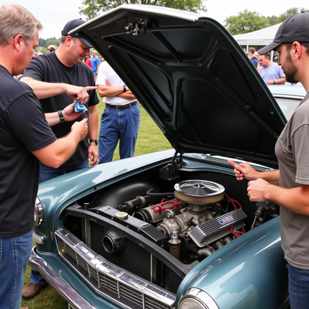 Car enthusiasts gathered around a classic engine