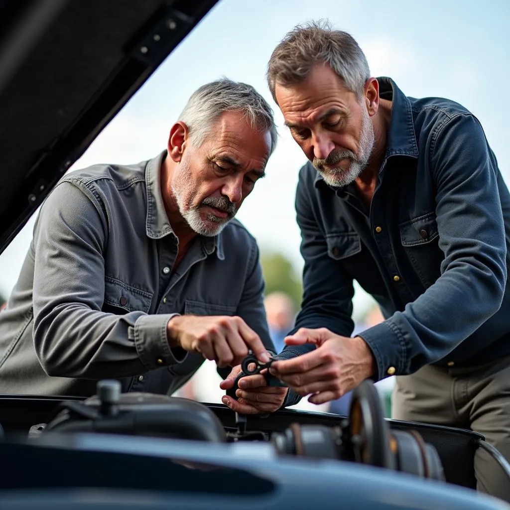 Car enthusiasts discussing details of an engine