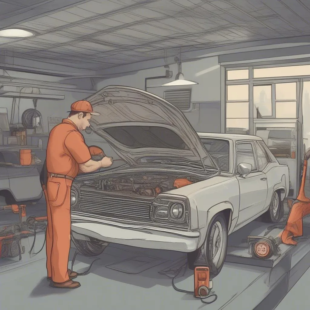 A mechanic inspecting a used car with a checklist, highlighting key areas to examine before purchasing.