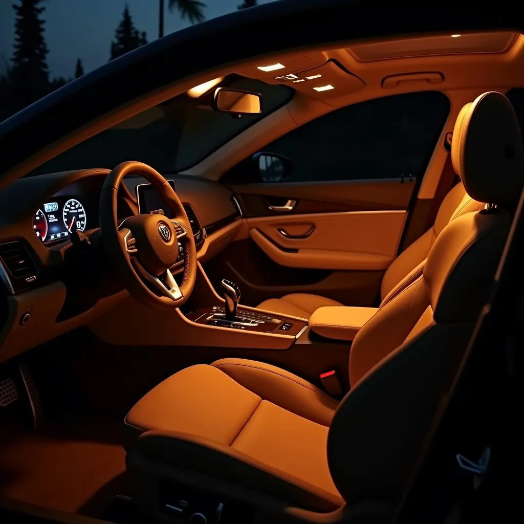 Car interior illuminated with LED lights