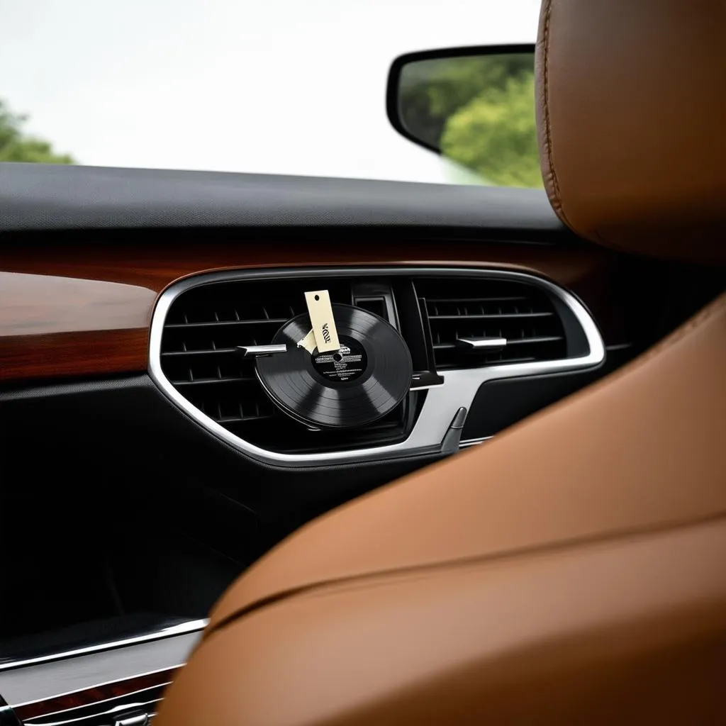 Modern car interior with a vinyl record-shaped air freshener