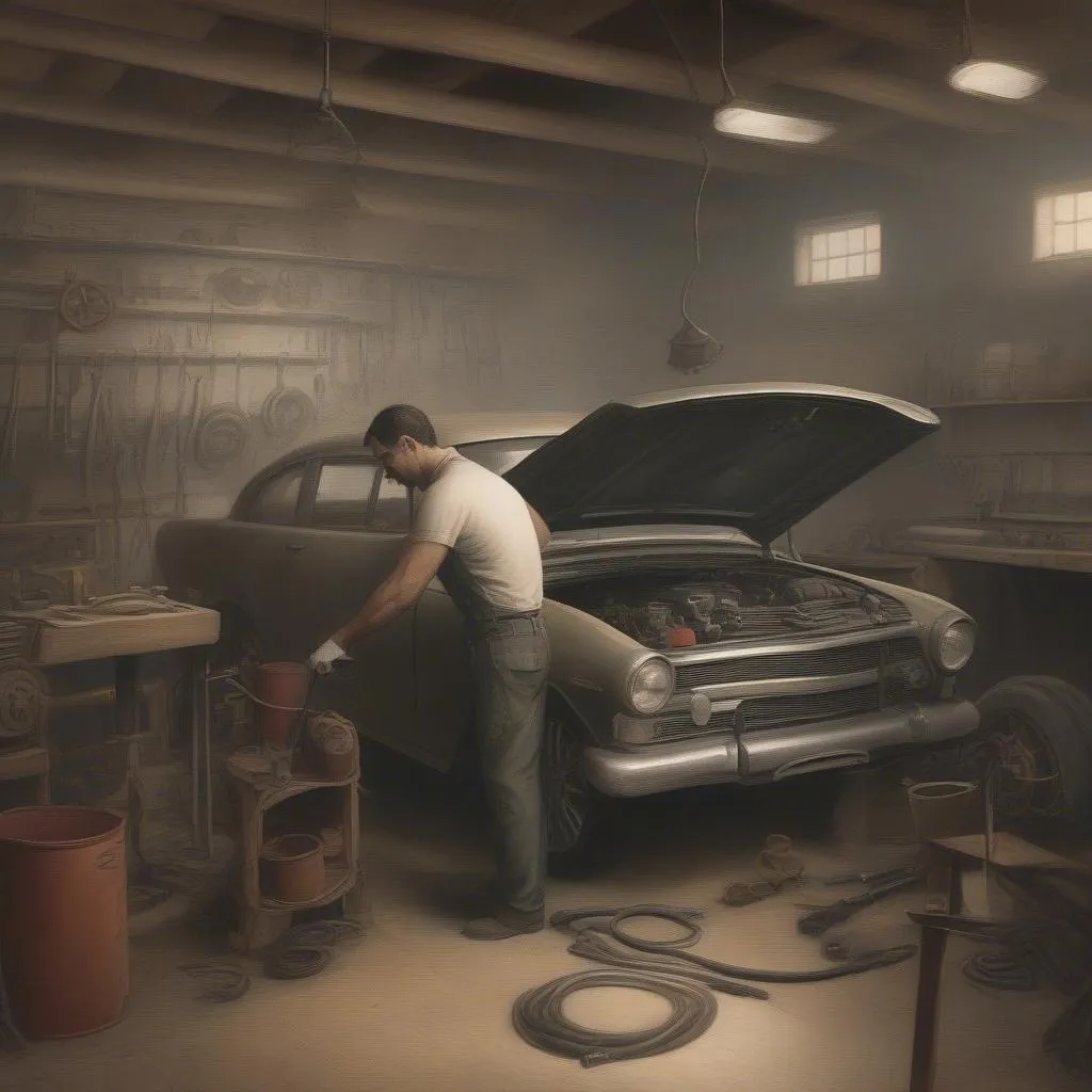 A mechanic working on a car in his workshop