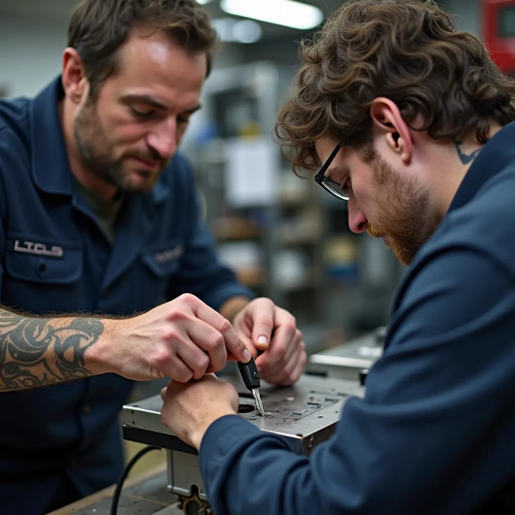 Lock Smith working with car key making machine in a shop