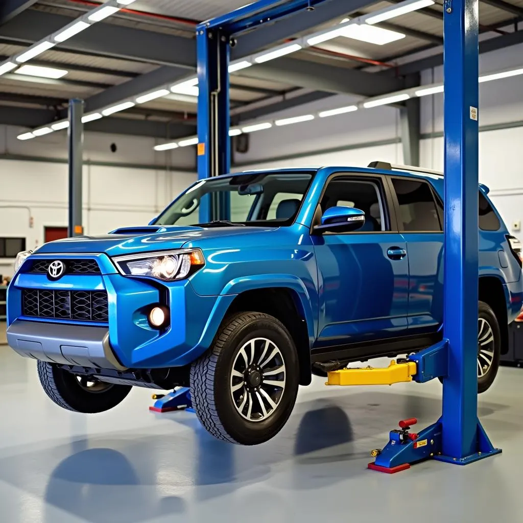 Car Raised on a Pneumatic Lifter in a Professional Workshop