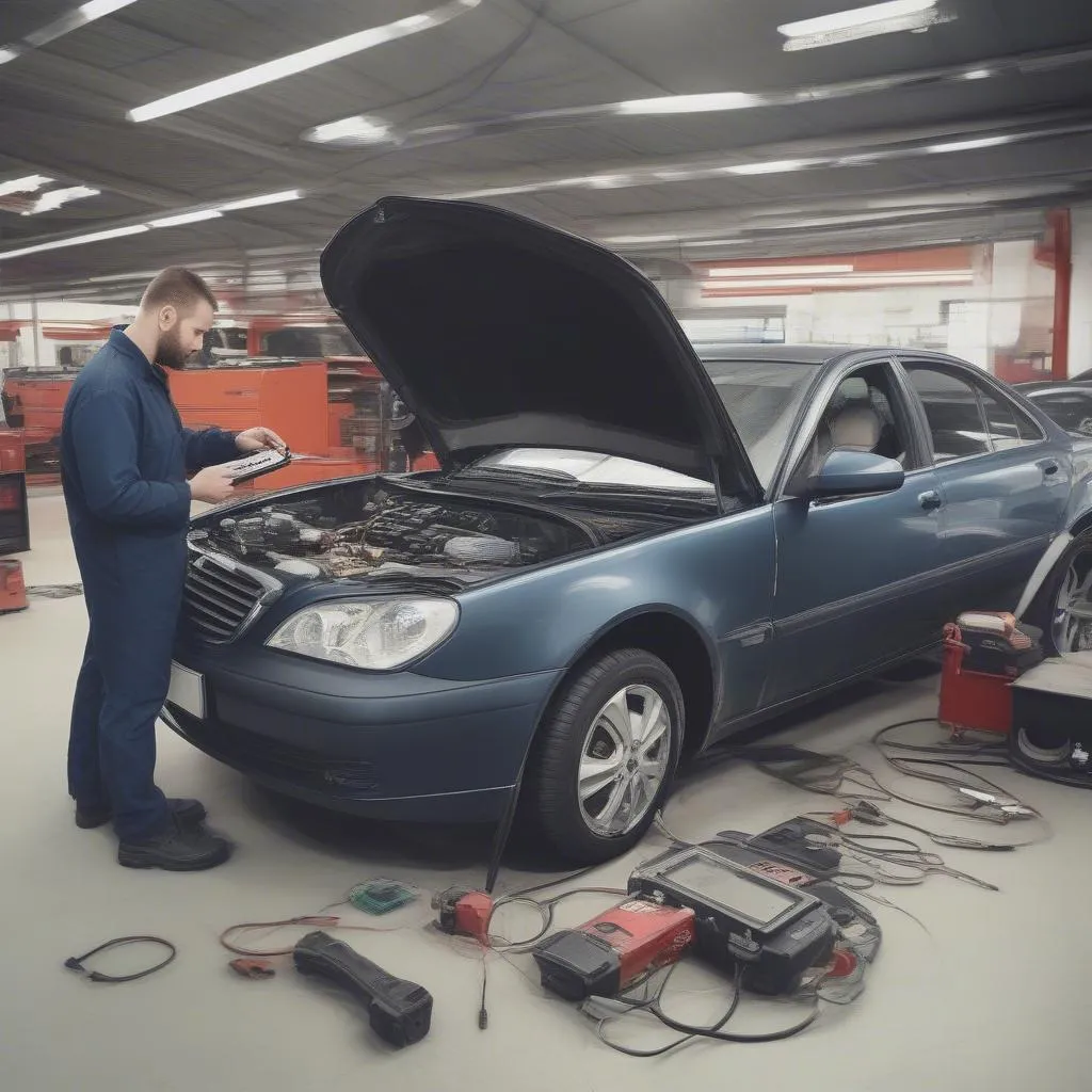 Car mechanic using a dealer scanner