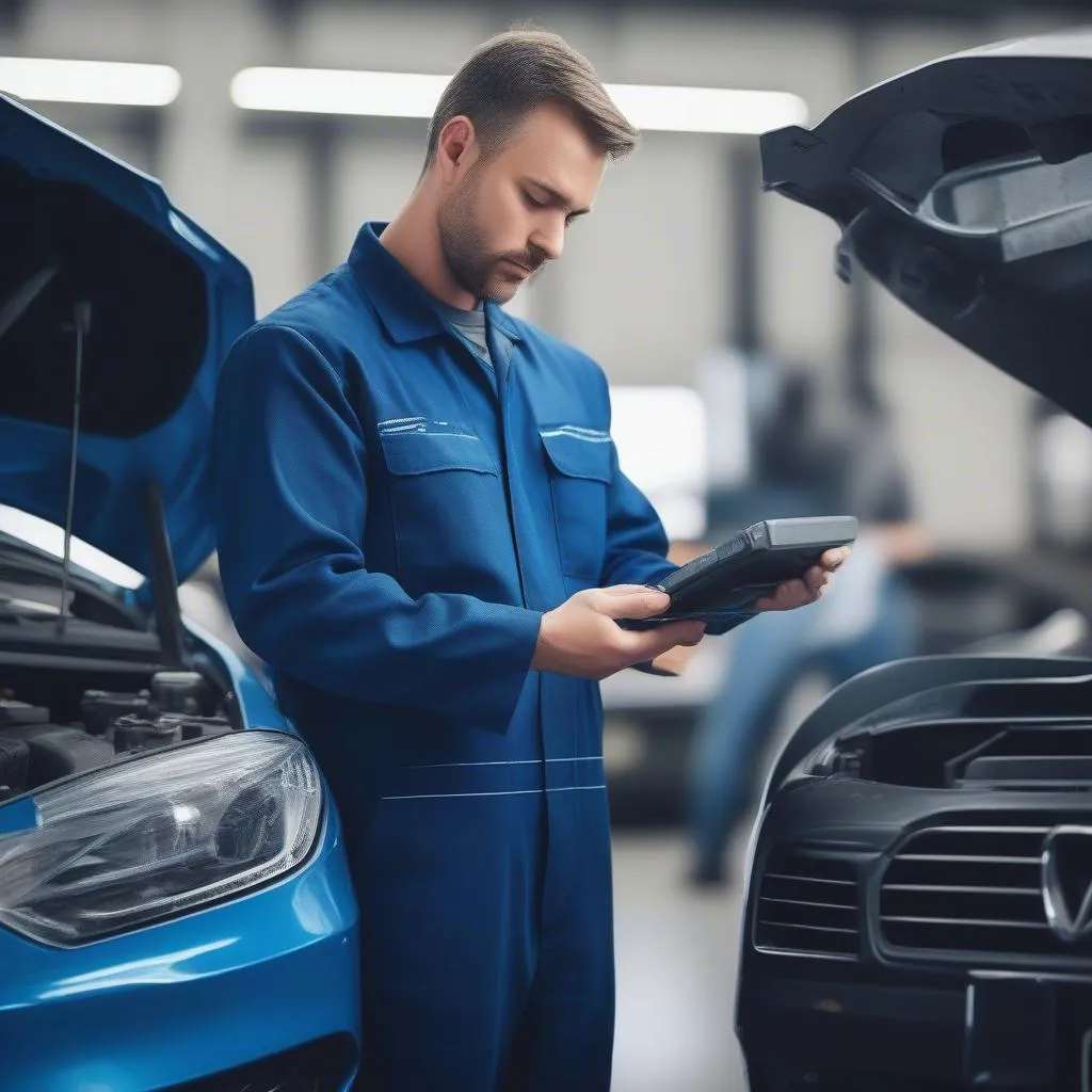 Car Mechanic Diagnosing Car