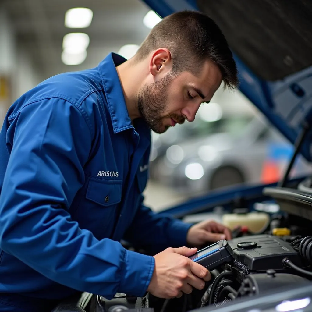 Car mechanic diagnosing electrical problem