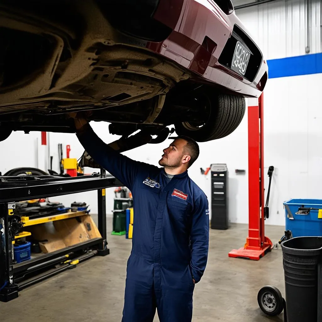 Car Mechanic Inspecting Undercarriage