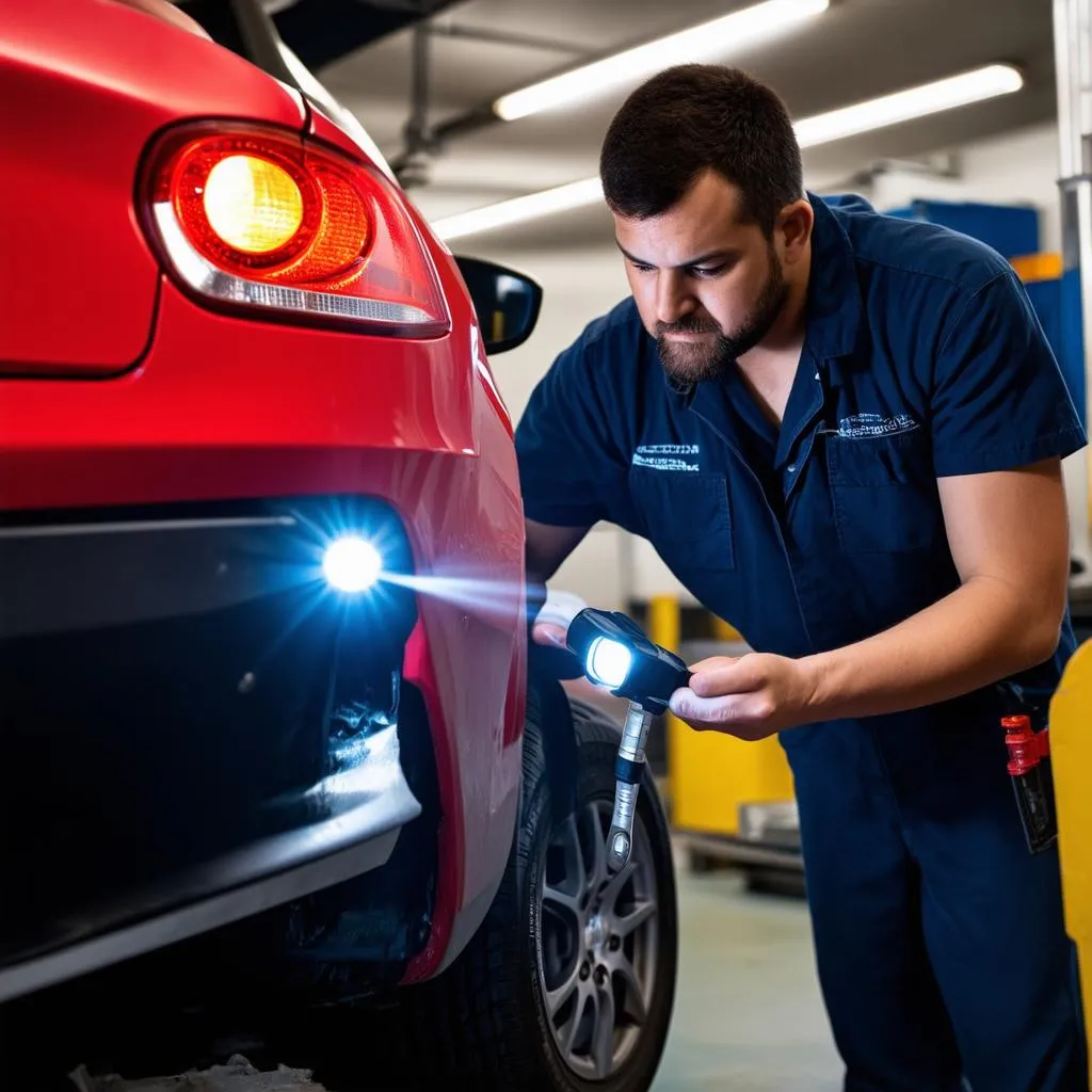 Mechanic Examining Damaged Car