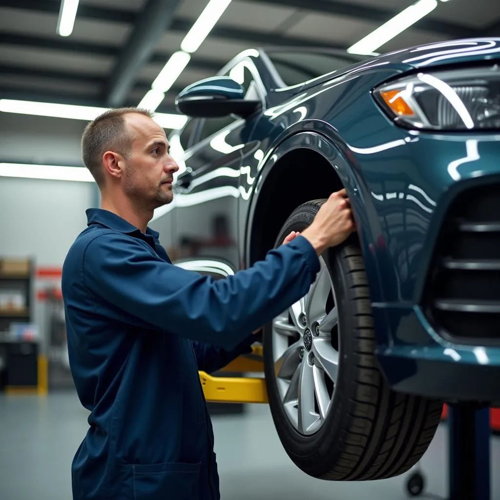 Mechanic Checking Wheel Alignment