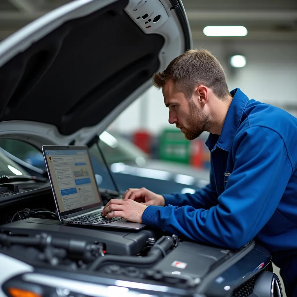 Car Mechanic Searching on Laptop