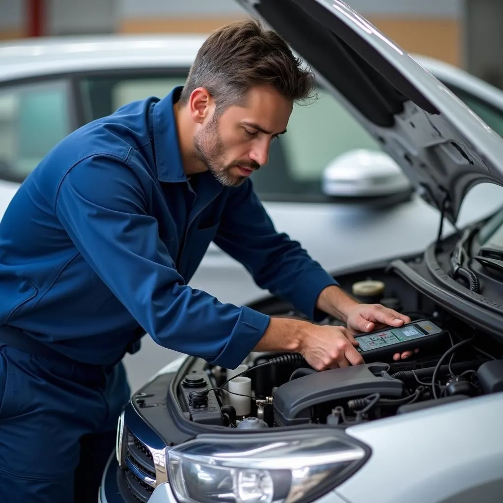 Mechanic using a diagnostic tool on a car