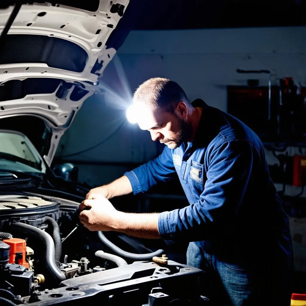 Car Mechanic Working on Engine