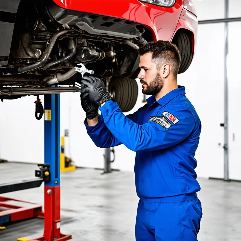 Car Mechanic Working on Engine