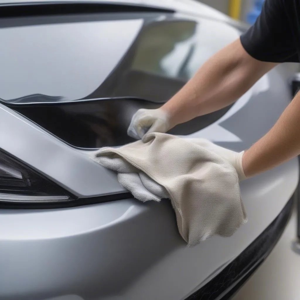 Car paint prep cleaner removing contaminants from a car surface