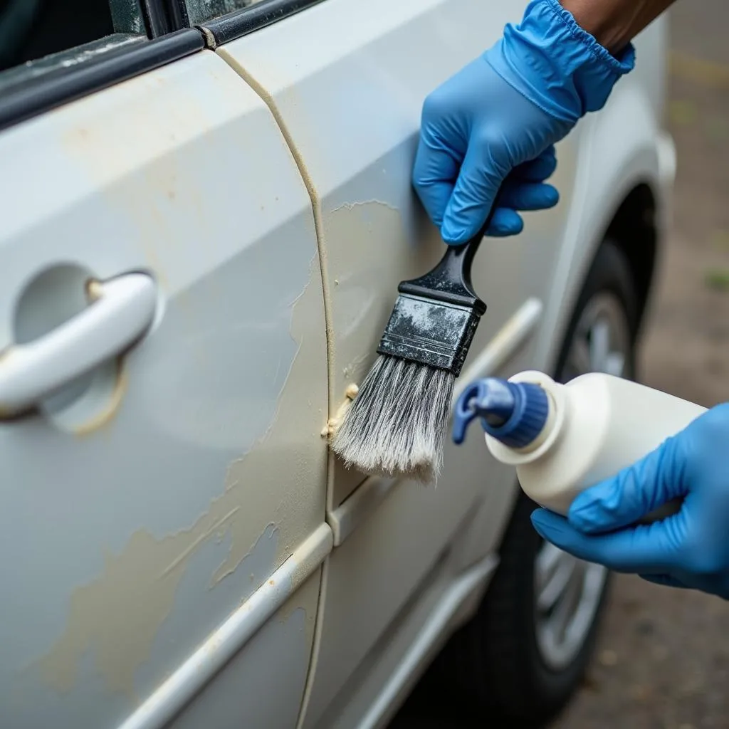 Applying car paint stripper to a car door