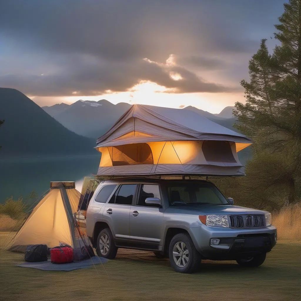 Couple enjoying a scenic camping trip with a car roof camper tent