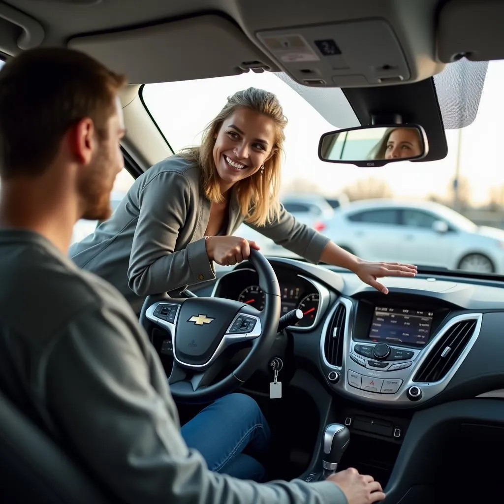 Car salesperson explaining features to a customer