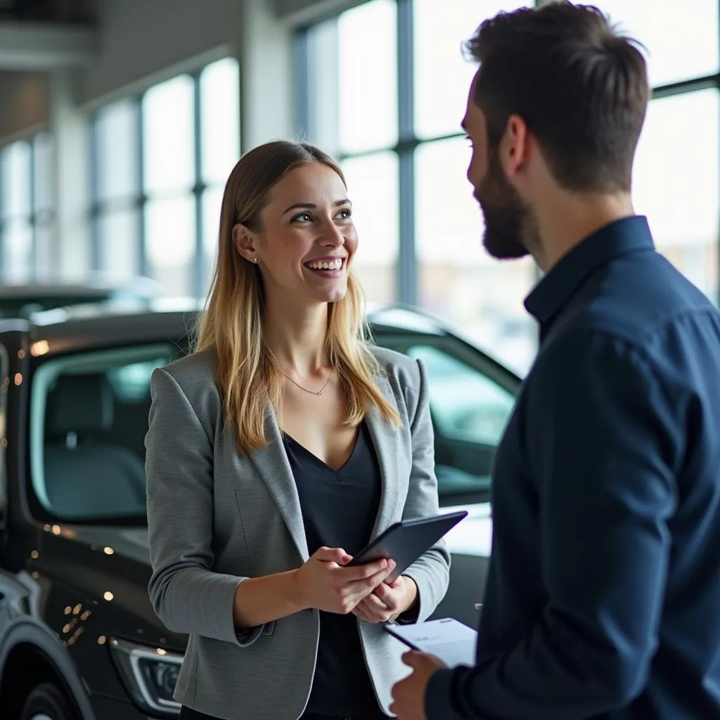 Friendly car salesperson assisting a customer