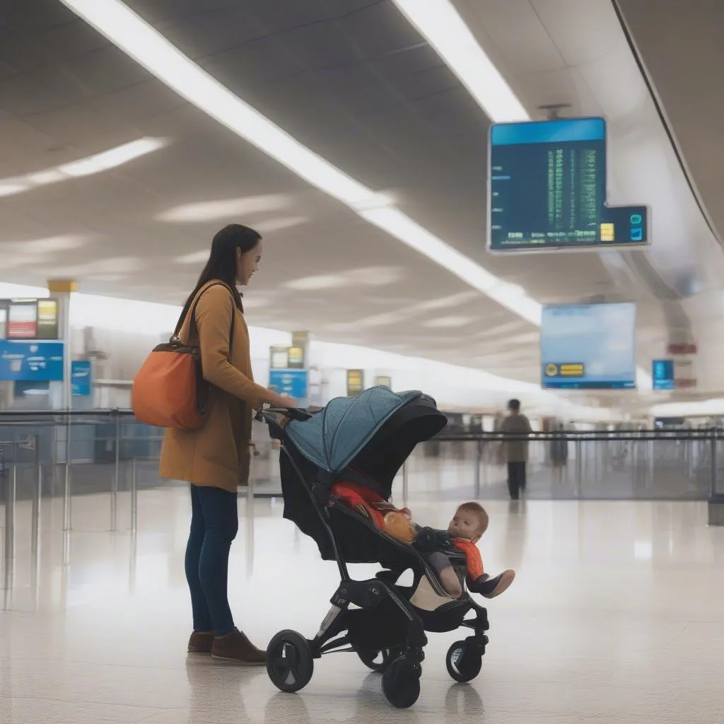 A parent carrying a car seat and stroller through an airport