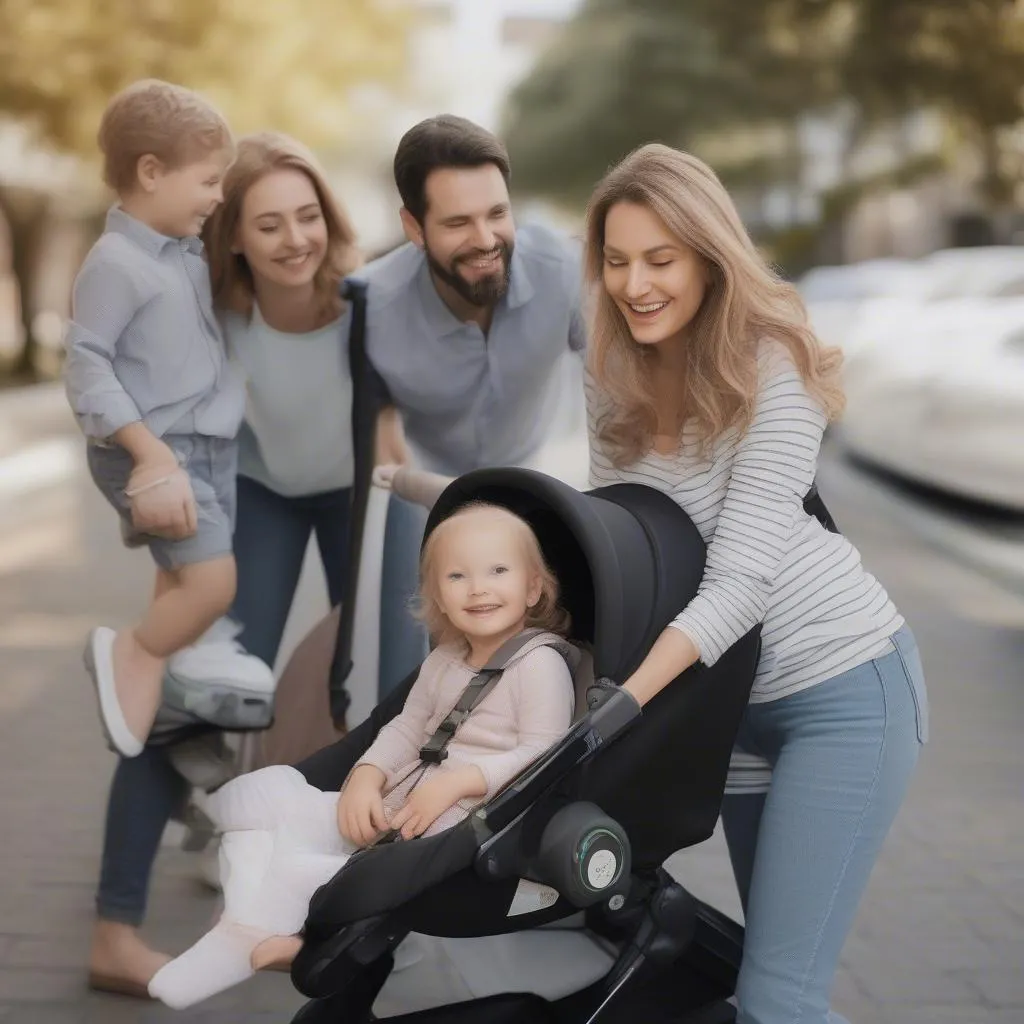 A happy family traveling with a car seat and stroller bag