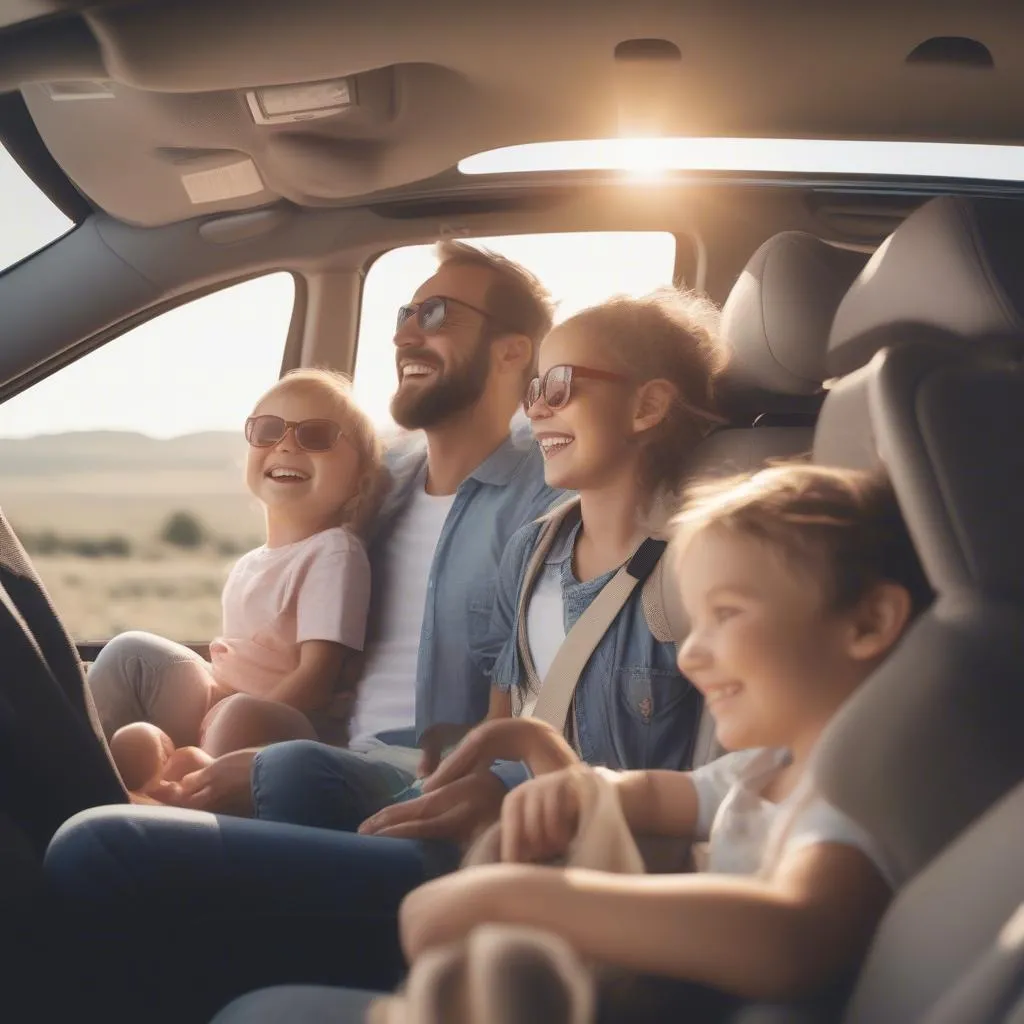 Happy Family on a Road Trip with Car Seat Sun Shields