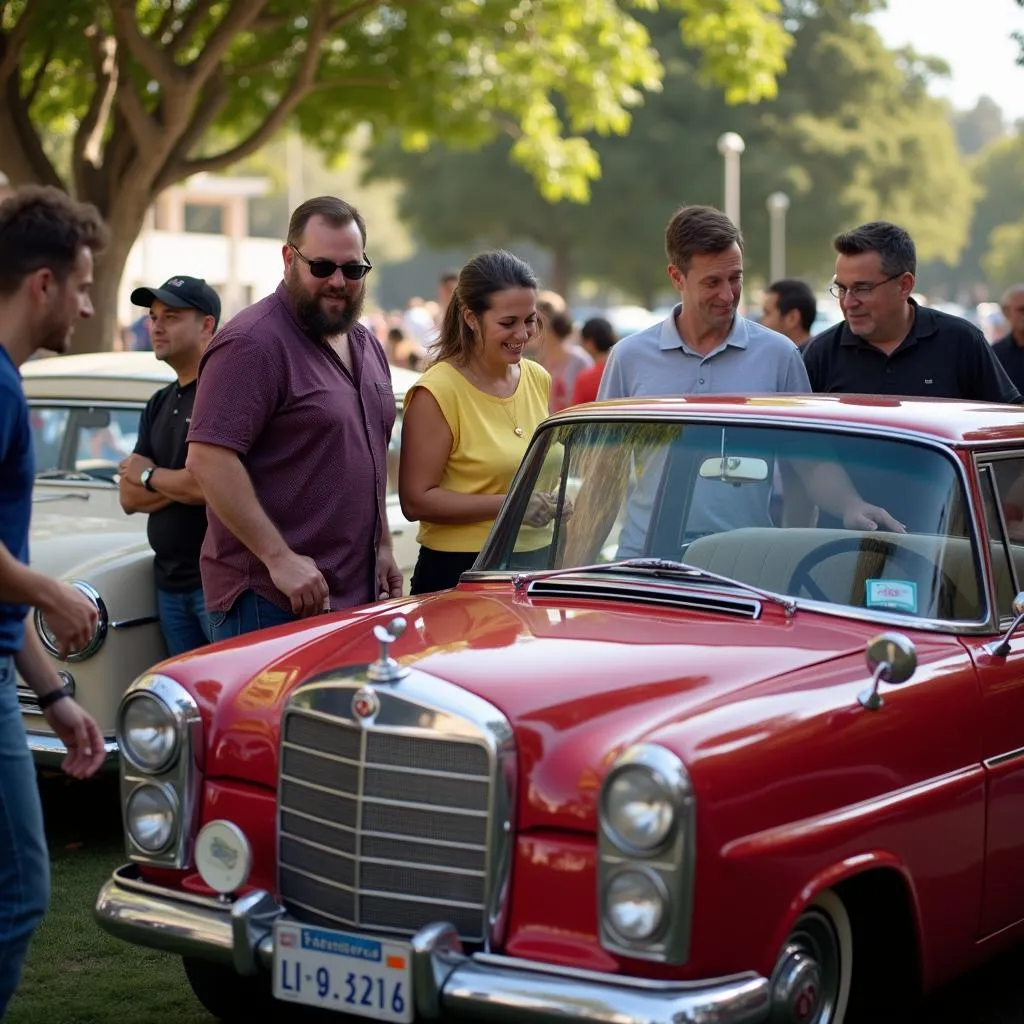 Car Show Attendees Admiring a Vintage Car