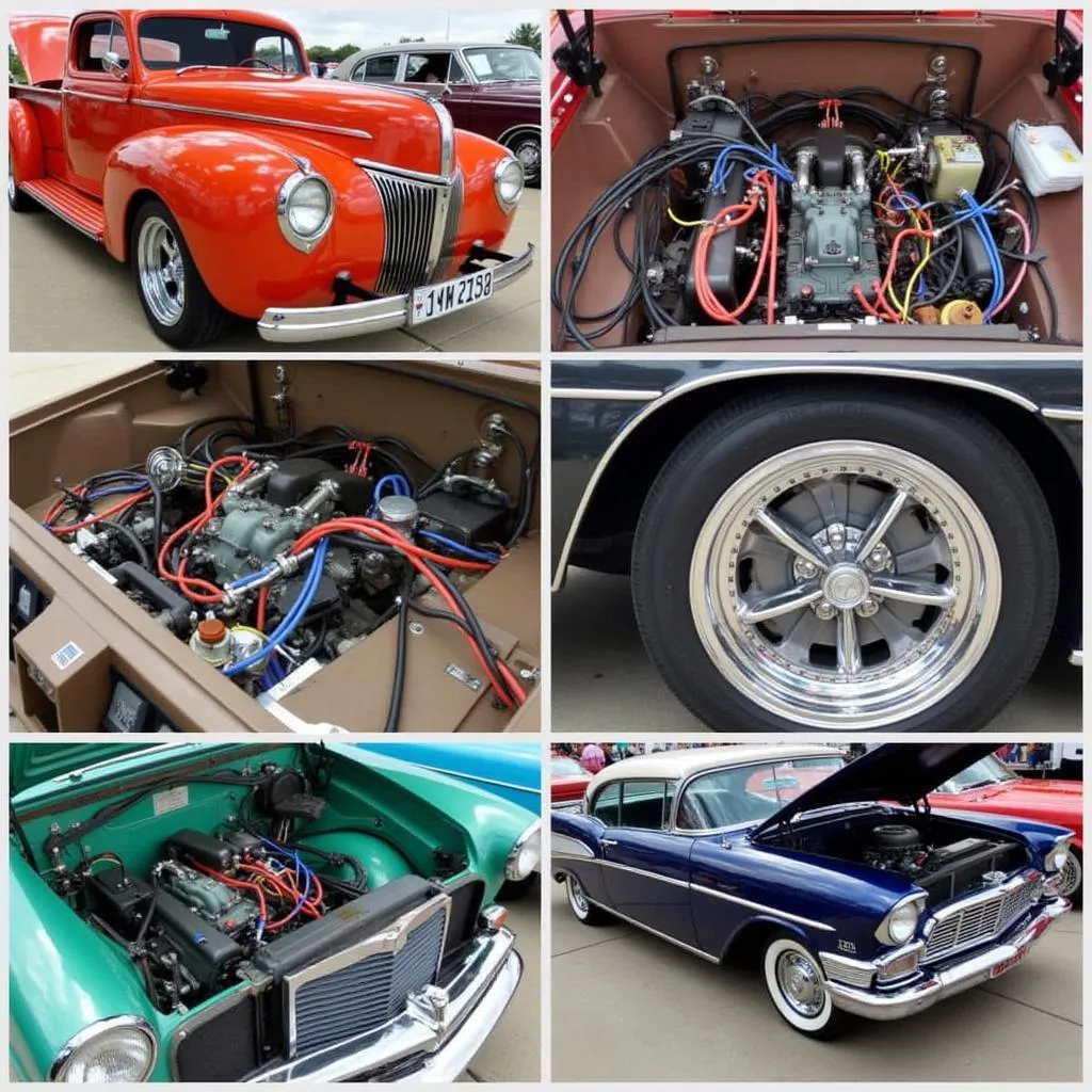 Electrical systems of vintage and modern cars at a car show