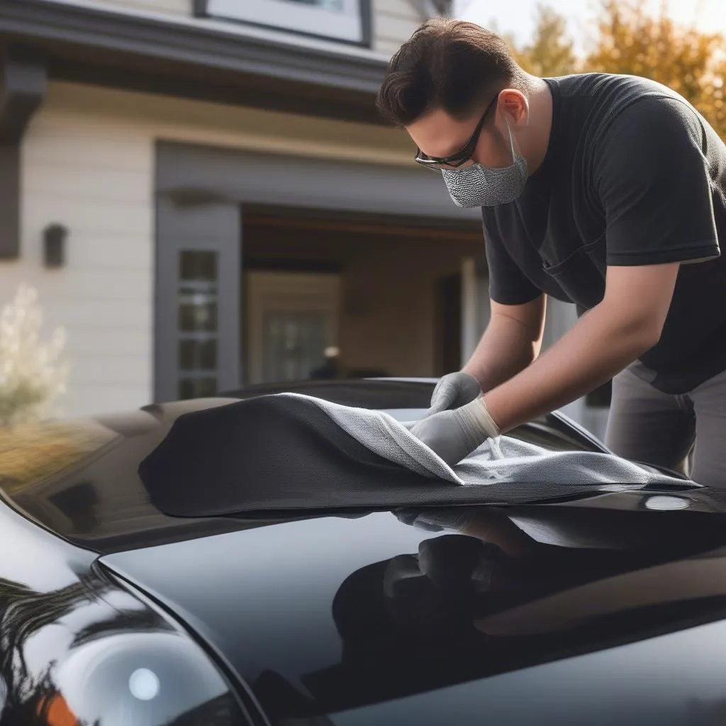 Car spray wax being applied to a car