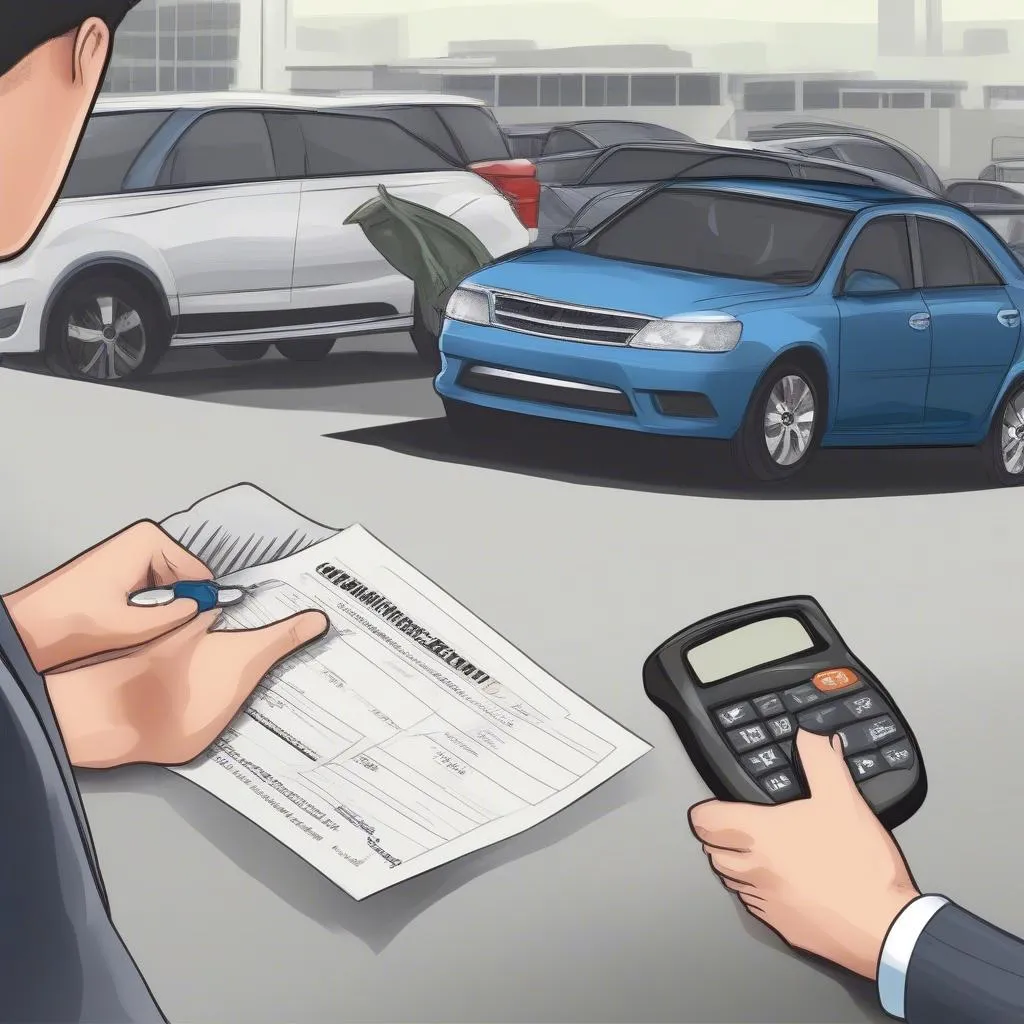 Car owner showing car registration to car dealership representative