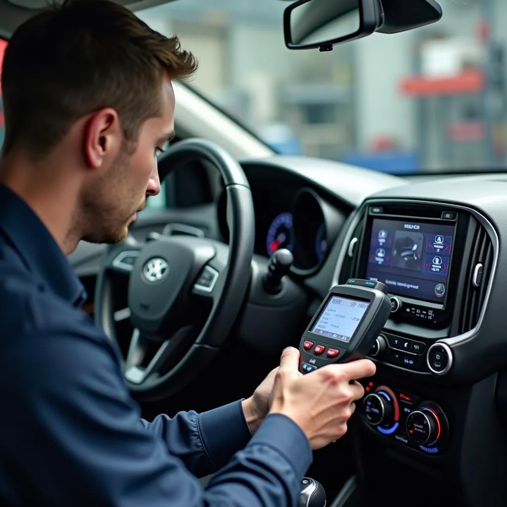 Technician Diagnosing Car Stereo Problem