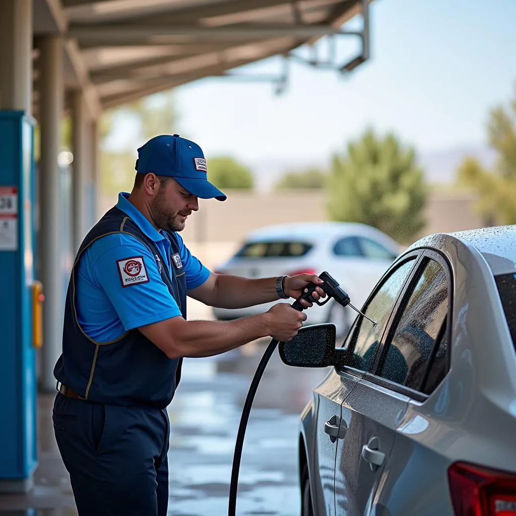 Car wash attendant helping a customer.