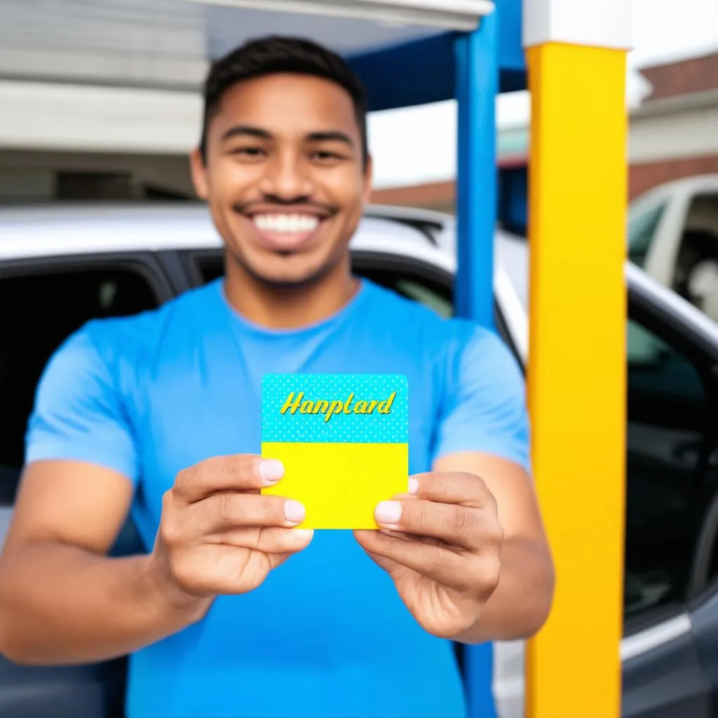 Happy car owner holding a gift card at a car wash