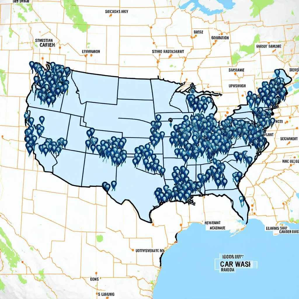 Map with car wash locations marked 