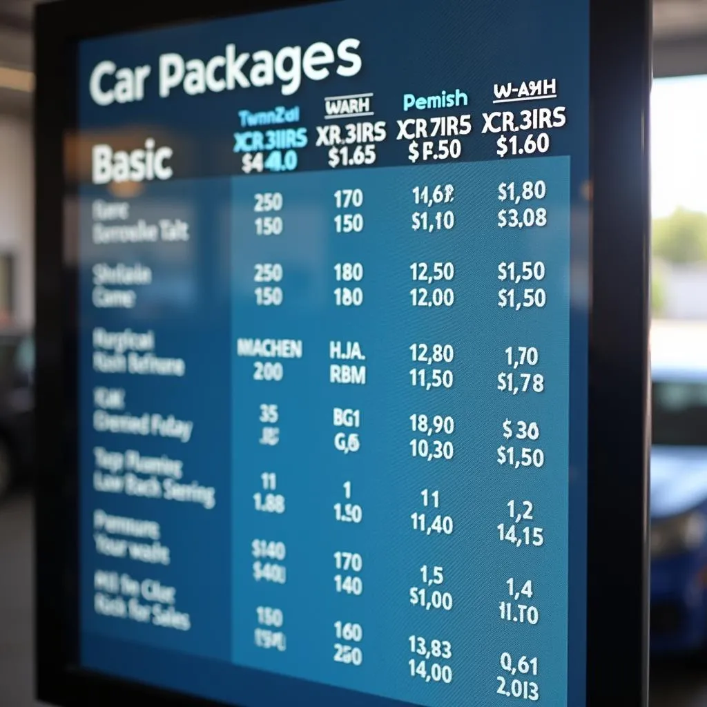 Digital display showing car wash packages and prices