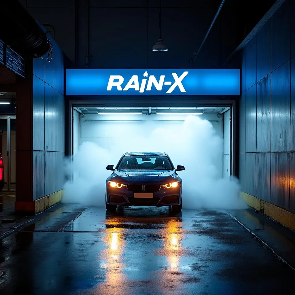 Car going through car wash tunnel with Rain-X sign