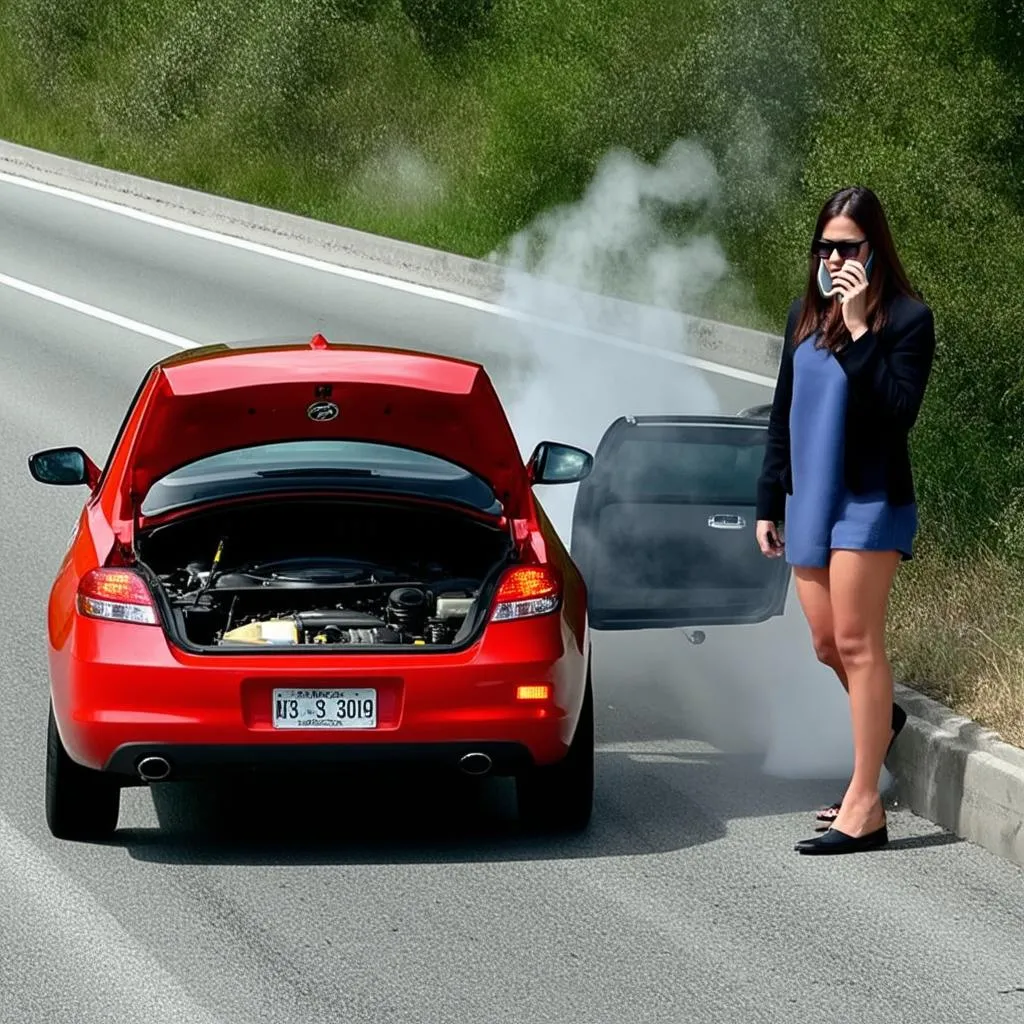 Car With Open Hood on Highway