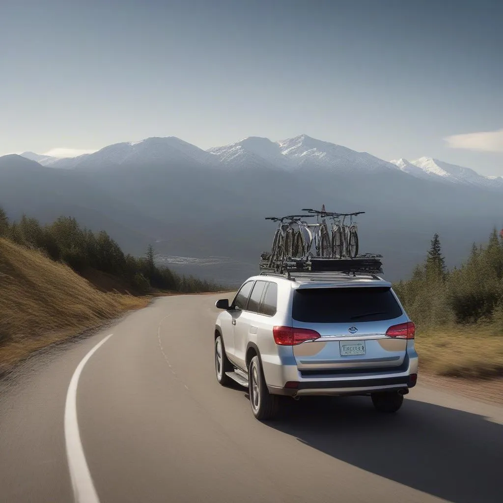 Car with roof rack carrying bikes driving on scenic road