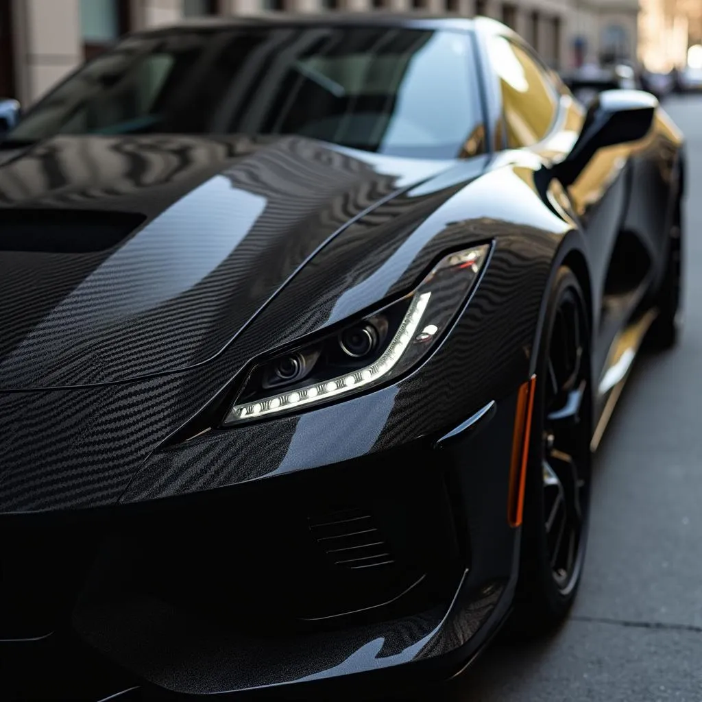 Black sports car with carbon fiber hood