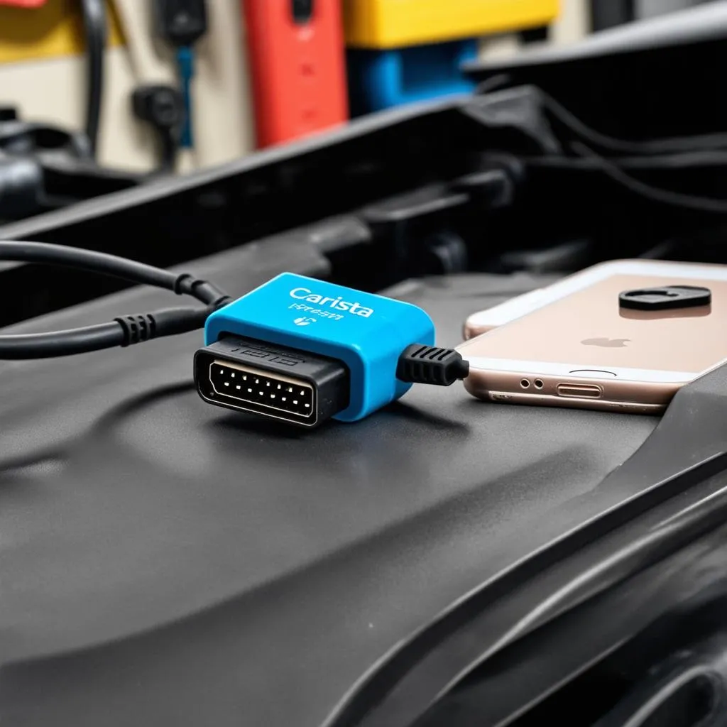 Carista OBD adapter connected to a car's OBD-II port