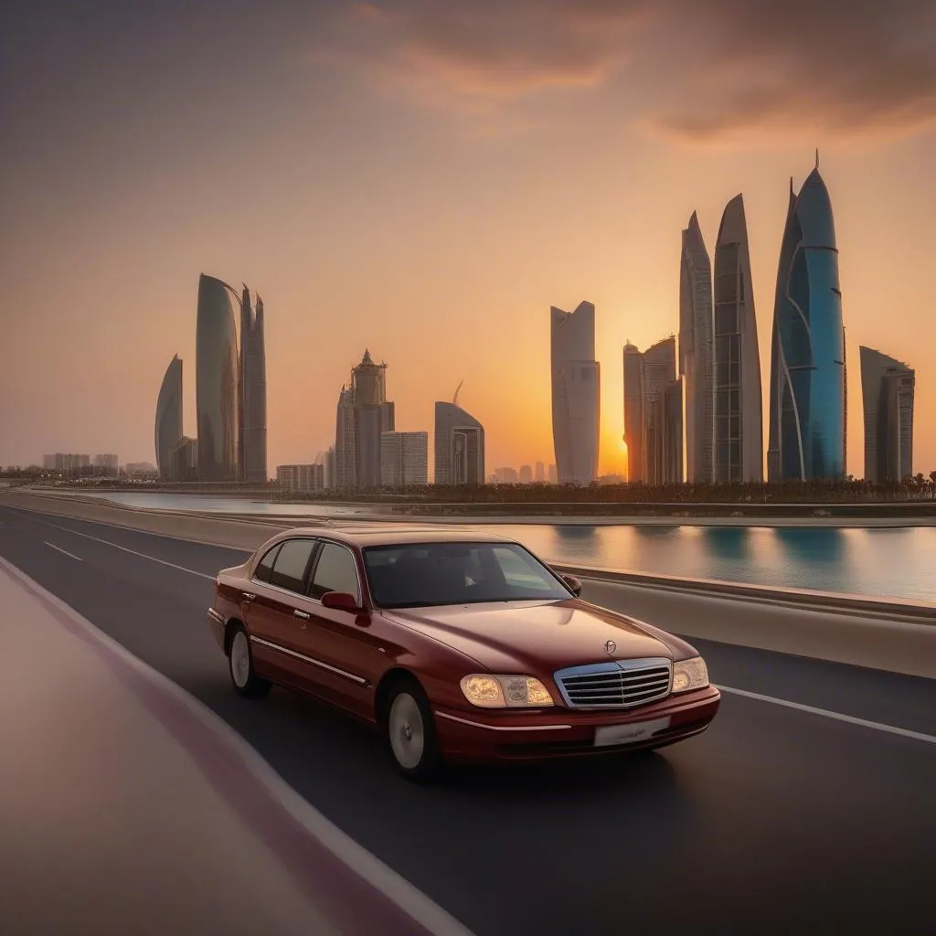 Enjoying a scenic drive along the Corniche in Doha, Qatar, with a stunning sunset in the background