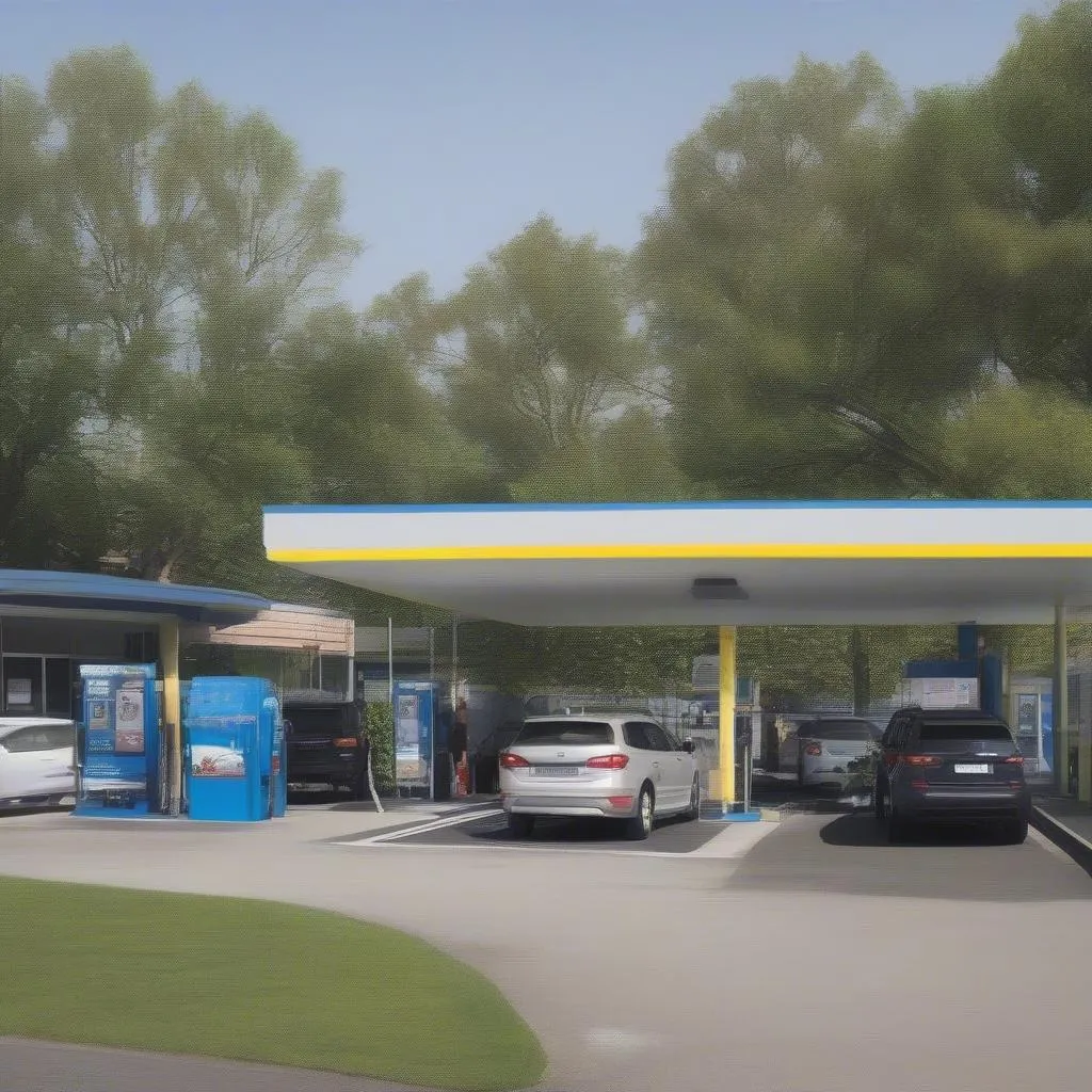 Modern car wash exterior with cars lined up