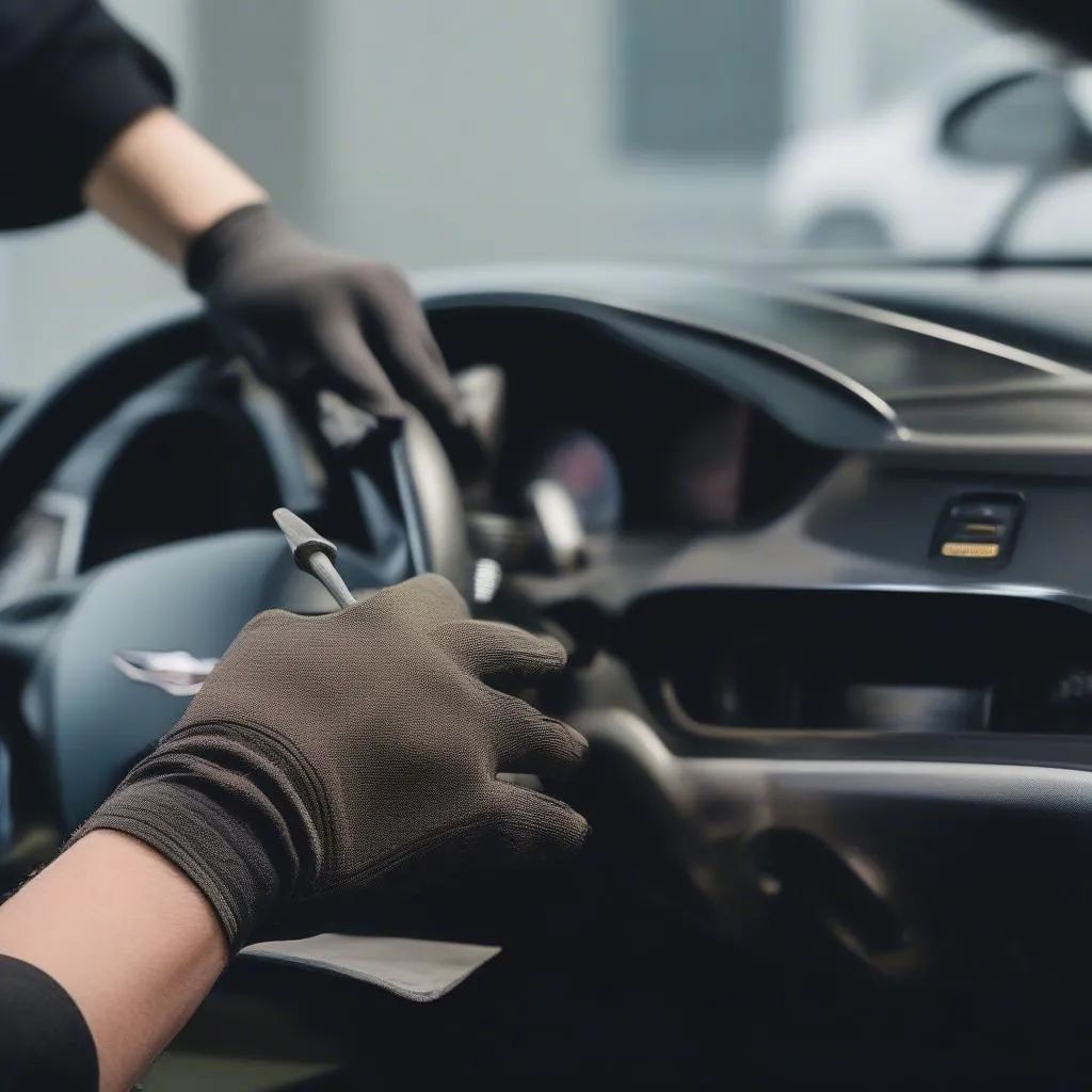 Car interior being detailed with specialized tools